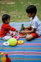 dos contento Niños en sociedad parque, contento asiático hermanos quien son sonriente felizmente juntos. hermanos jugar al aire libre en verano, mejor amigos. niñito bebé chico jugando con su contento hermano en el jardín foto