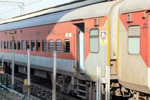 Indian railway train at Amritsar railway station platform during morning time, Colourful train at Amritsar, Punjab railway station photo