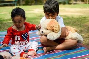 Two happy boys in society park, happy Asian brothers who are smiling happily together. Brothers play outdoors in summer, best friends. Toddler baby boy playing with his happy brother in the garden photo