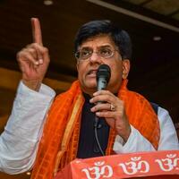 New Delhi, India - April 27 2022 - Piyush Goyal Cabinet Minister and core member of Bharatiya Janata Party - BJP during a rally in support of BJP candidate ahead of MCD local body Elections 2022 photo