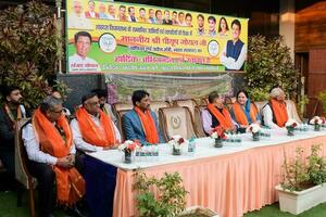 New Delhi, India - April 27 2022 - Piyush Goyal Cabinet Minister and core member of Bharatiya Janata Party - BJP during a rally in support of BJP candidate ahead of MCD local body Elections 2022 photo