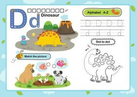Ejercicio de alfabeto letra d-dinosaurio con ilustración de vocabulario de dibujos animados, vector