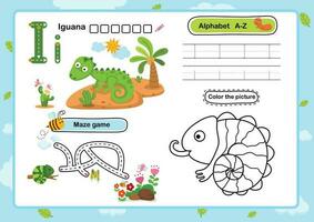 Alphabet Letter I-Iguana exercise with cartoon vocabulary illustration, vector