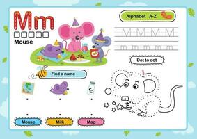 Ejercicio de alfabeto letra m-mouse con ilustración de vocabulario de dibujos animados, vector