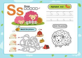 Alphabet Letter S-Sheep exercise with cartoon vocabulary illustration, vector