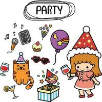 illustration isolated set cartoon party with kid girl vector