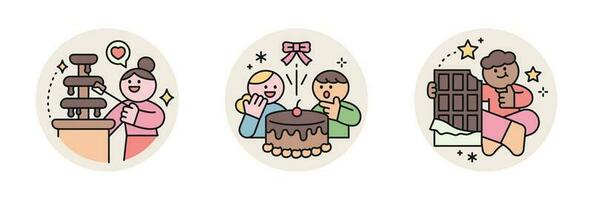 World Chocolate Day. Cute characters and sweet chocolate. fountain, cake, chocolate in foil vector