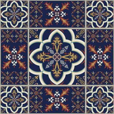 Patchwork tiles floral pattern Arabic style. Ethnic blue color Moroccan, Portuguese tiles seamless pattern. Peranakan tile pattern use for home interior flooring decoration elements.
