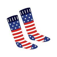 American flag socks. Bright warm stockings with stars, stripes. Patriotic clothing for USA national holidays. Knitted accessory isolated on white. Flat cartoon clipart for posters, print, logo, web vector