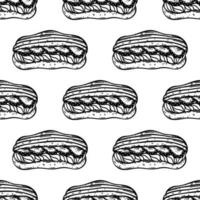 Eclair seamless vector pattern. Sweet french dessert with cream, biscuit, fresh strawberries. Tasty bun for breakfast. Food sketch, line art. Black and white background for menu, wrapping paper, web