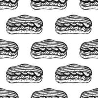 Eclair seamless vector pattern. Sweet french dessert with cream, biscuit, fresh strawberries. Tasty bun for breakfast. Food sketch, line art. Black and white background for menu, wrapping paper, web