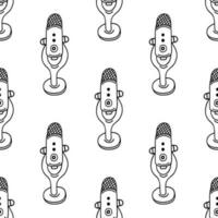 Microphone seamless vector pattern. Device on a stand for podcast, stream, karaoke. Simple doodle, line art. Studio gadget for recording music. Black and white background for posters, packaging, web