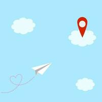 Paper plane fly to destination. Survey flight or travel dash line to point of location. Romantic journey. vector