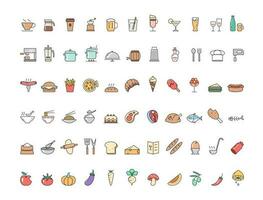 Set of food and drink icons, kitchenware symbols, black line drawings. vector