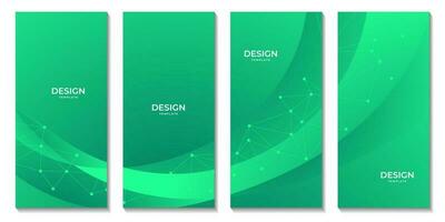 set of brochures with abstract green colorful geometric background with triangle shape pattern and molecular vector