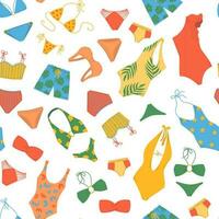 Seamless pattern of colorful hand drawn summer swimsuits in flat vector style. Print design for children apparel, textile, wallpaper, packaging