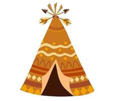 Kids wigwam tent with feathers and arrows. Native American teepee tent. Flat cartoon vector illustration isolated on the white background.