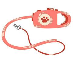 Retractable leash for dog. Vector icon of roulette lead for control and safety pets. Animal accessory for outdoors walk. Cartoon illustration isolated on white background.