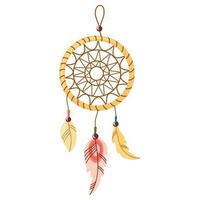 Dreamcatcher. Bold native American handmade dreamcatcher, template ethnic round talisman with feathers threads and beads rope hanging. Flat cartoon vector illustration