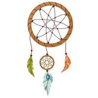 Dreamcatcher. American handmade dreamcatcher, ethnic round talisman with feathers threads and beads rope hanging. Flat cartoon vector illustration