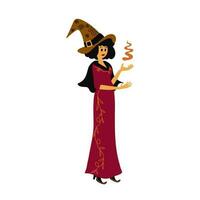 Cute witch with a broom in her hands. Vector illustration. Decorative element for Halloween