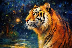 Portrait of a Tiger Sitting by a Pond in the Moonlight. Artistic Illustration, Imitation Oil Painting for Wall Art and Home Decor. photo