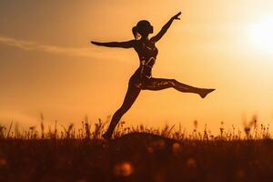 Silhouette of a beautiful woman jumping in the field at sunset. illustration. photo