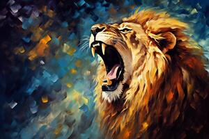 Portrait of a Roaring Lion with a Thick Mane and an Open Mouth. Illustration in Bright Colors with Abstract Brush Strokes for Wall Art and Home Decor. photo