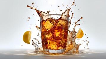 splash of iced tea pours into a glass. Image photo