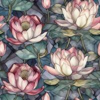 Seamless Patern of Beautiful White and Purple Lotus Flowers with green leaves in watercolor painting Style. Made With . photo