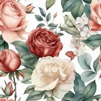 Seamless Patern of Beautiful Rose Flowers with green leaves in watercolor painting Style. Made With . photo