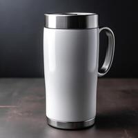 White Travel Mug Mockup With Grey Background photo