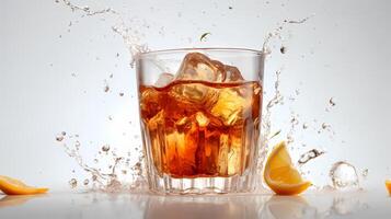 splash of iced tea pours into a glass. Image photo