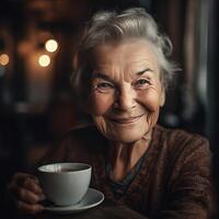 ilustración de un antiguo mujer sonrisas mientras participación un taza de café hecho con generativo ai foto