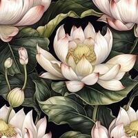 Seamless Patern of Beautiful White Lotus Flowers with green leaves in watercolor painting Style. Made With . photo