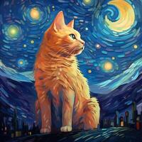 A Painting of a Ginger Cat Sitting on Top of a Hill with the Night Starry Sky in the Background. Colorful Van Gogh-style Illustration. photo