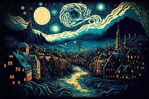 A Painting of a Town With a River, Night Sky and The Moon Above It. Illustration That Parodies Van Gogh'S Artistic Style. photo