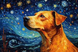 A Ginger Dog Sitting on the Background of the Night Sky and Looking at the Stars. Artistic Illustration in the Style of Van Gogh with Orange and Blue Color Scheme. photo