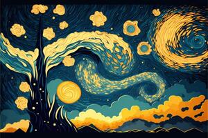 A Starry Night Sky with the Sun Shining Through the Clouds with a Tree in the Foreground. A Modern Illustration That Parodies Van Gogh's Style. photo