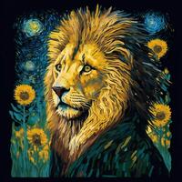 Portrait of a Lion in a Field of Sunflowers. Intricate Illustration Parodying the Artistic Style of Vincent Van Gogh. photo