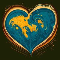 A Painting of an Abstract Heart with a Blue and Yellow Swirly Patterns on a Dark Blue Background. Illustration. photo