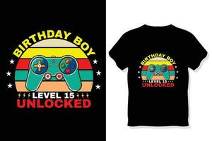 birthday boy level 15 unlocked gaming  t shirt, gaming quotes t shirt, Gamer t-shirt Design vector