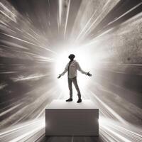 person standing in a box in space photo