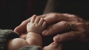 father holds baby hand close up shot generative AI photo