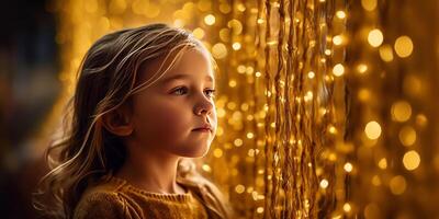 linda niña con hebras de vistoso LED cinta luces colgando abajo generativo ai foto