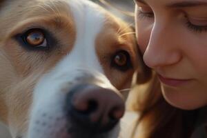 un ojo a ojo imagen Entre un perrito y su propietario niña generativo ai foto