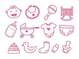 Set of newborn baby doodle vector illustration with pink color isolated on white background