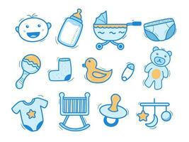 Set of newborn baby doodle elements with blue color isolated on white background vector