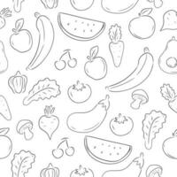 Fruits and vegetables seamless doodle pattern with a black and white design suitable for background. Healthy foods doodle pattern vector