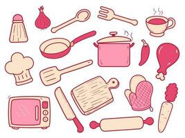 Set of cooking doodle elements vector illustration with cute pink design isolated on white background